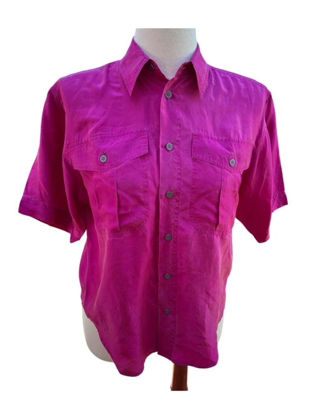 Fuchsia Silk Button-Up Shirt Medium With Pockets Casual Corner Womens Vintage